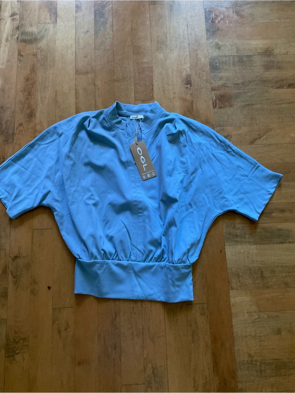 OGL Stand Collar V-neck Short Short Sleeve Top -Steel Blue - Picture 6 of 6